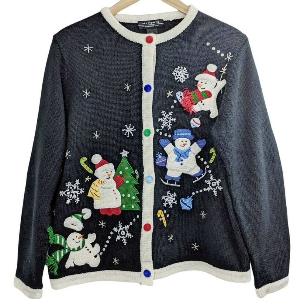 All Points Cotton Blend Ugly Christmas Holiday Sweater Cardigan Size L